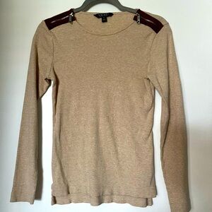 Lauren Ralph Lauren Rib Knit Top Womens Size M Oatmeal Equestrian Zip Shoulder